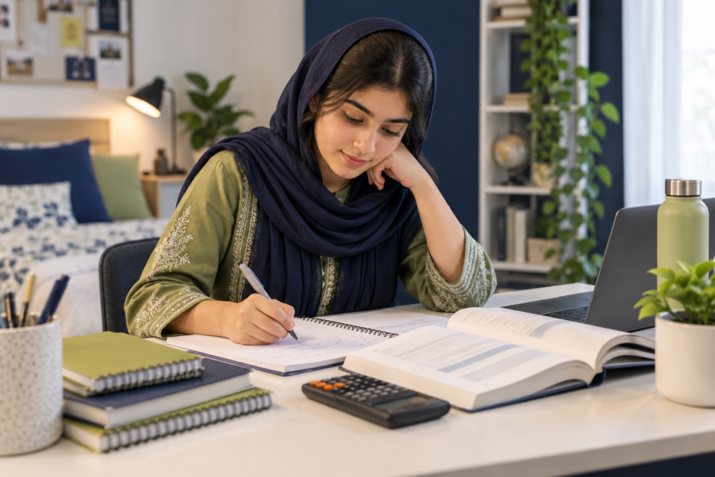 School leaver studying introductory accounting with notebooks and a calculator.