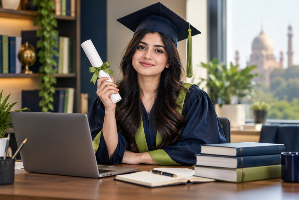 Accounting graduate holding a diploma beside a laptop and study books.