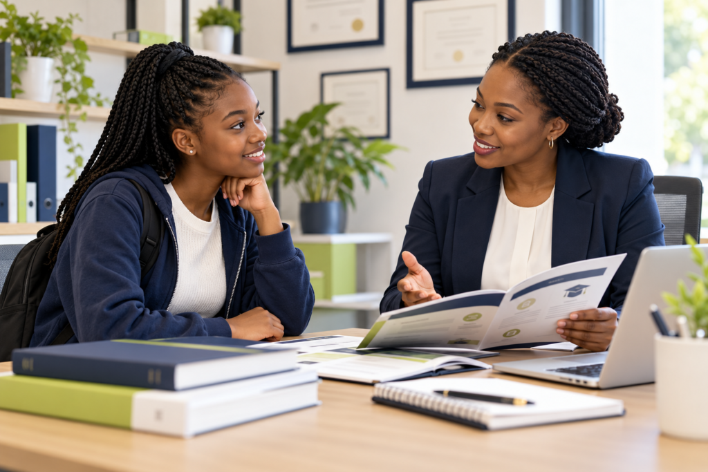 School leaver discussing study options and education documents with a counsellor.
