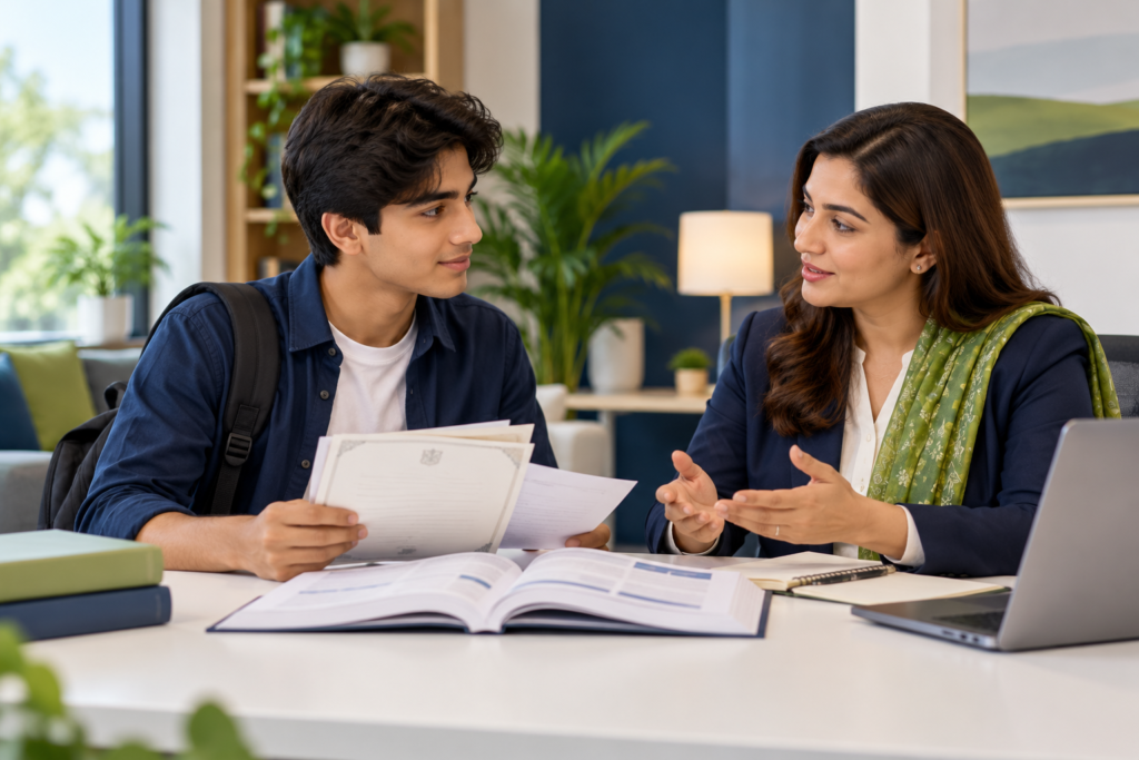 Student discussing education certificates and accounting entry options with a counsellor.