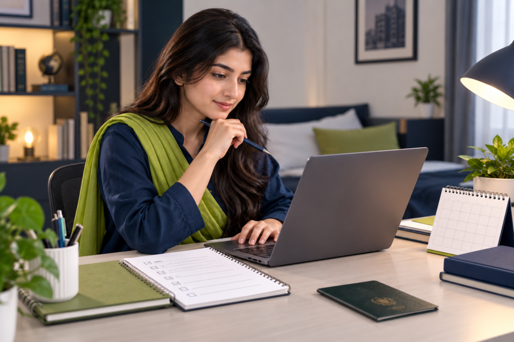 Student checking an exam booking checklist and calendar beside a laptop.