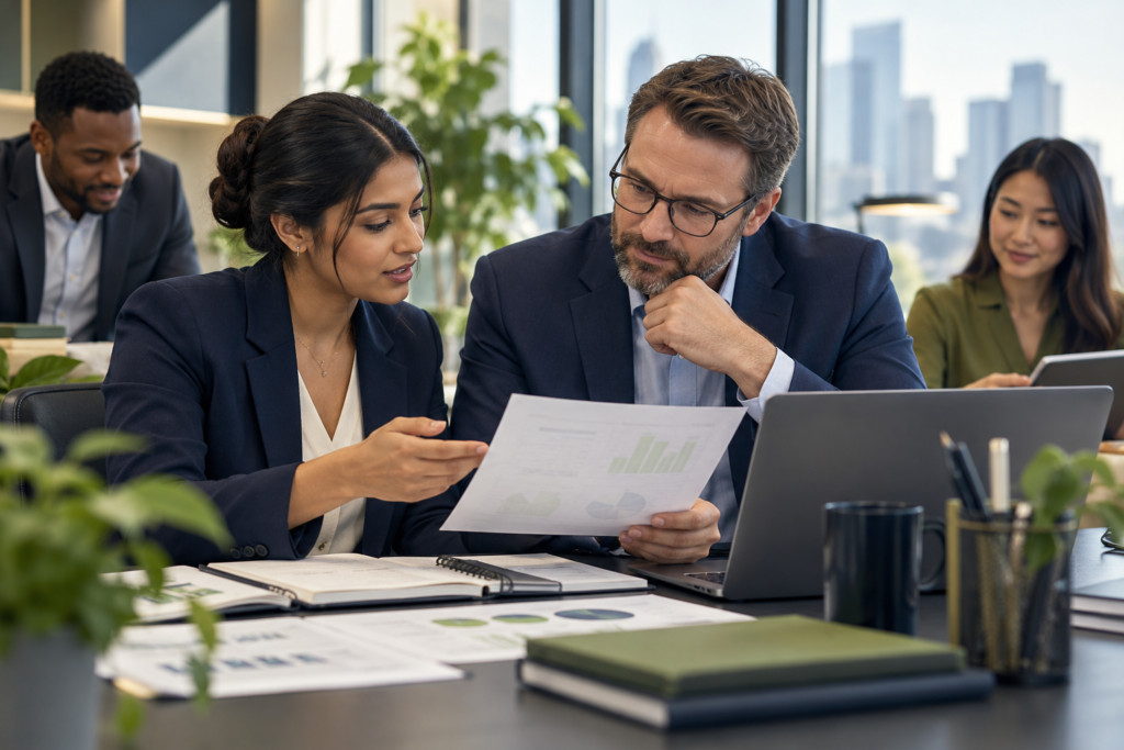 Finance professional reviewing accounting work with a supervisor in an office.