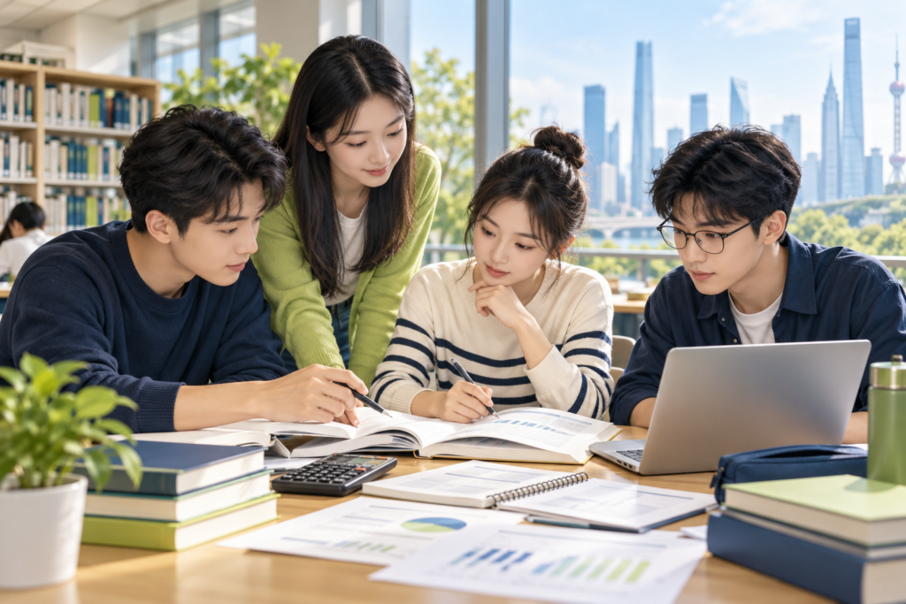 Accounting students reviewing notes and a laptop together in a Chinese city study setting.