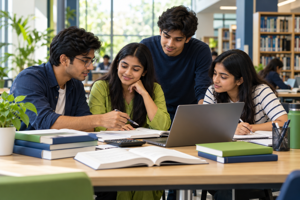Accounting students reviewing notes and a laptop together in a library.