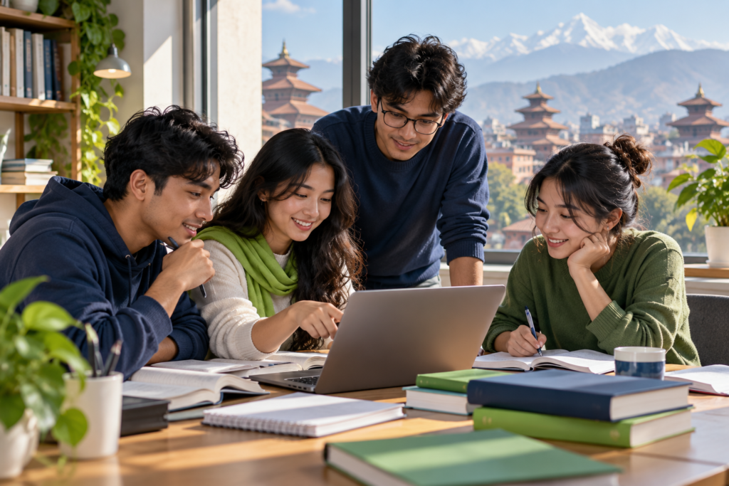 Accounting students studying together with a Kathmandu-inspired city backdrop.