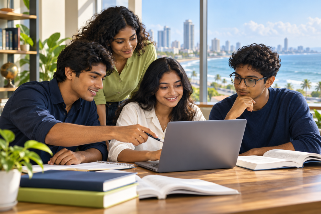 Accounting students studying together in a sunny coastal study room.