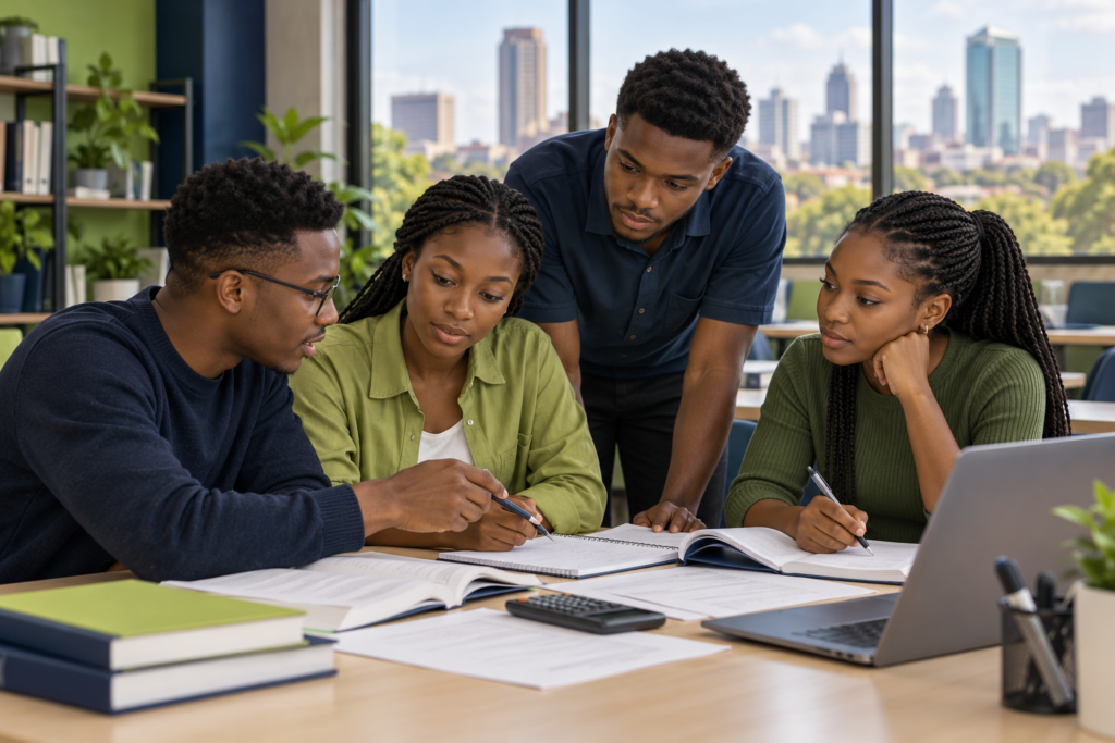 Accounting students discussing practice questions around a study desk.