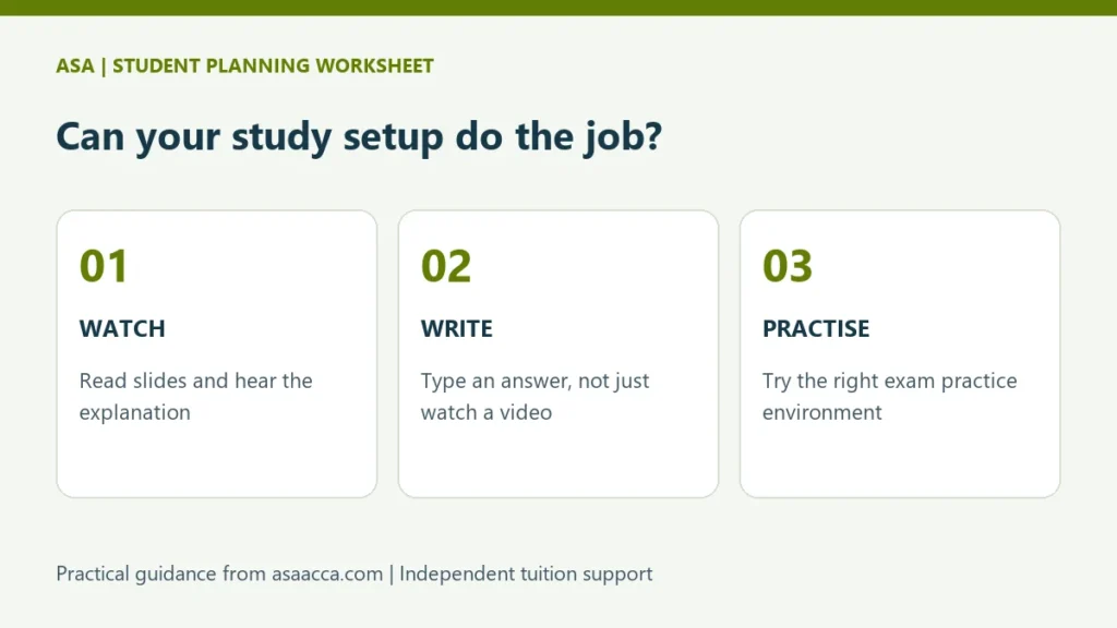 Three checks for an ACCA study setup: watch lessons, write answers and practise in the exam environment