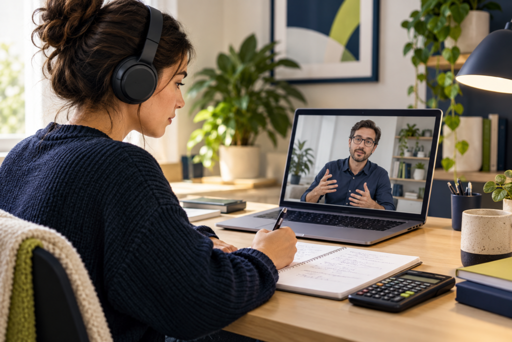 Student wearing headphones and taking notes during an online accounting lesson.