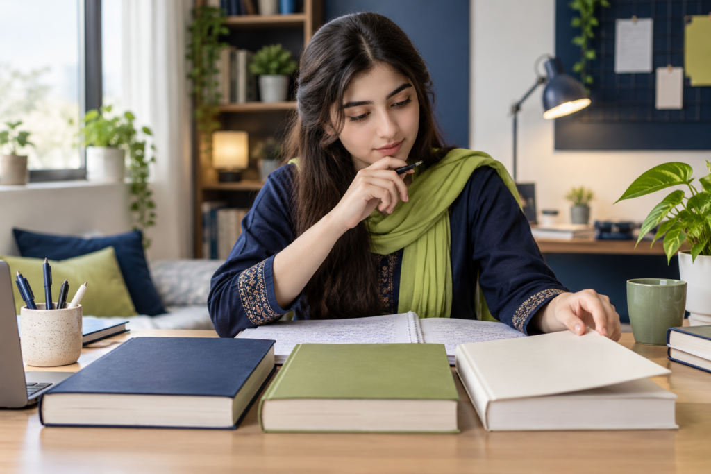 Student comparing accounting textbooks and practice notes before choosing a paper.