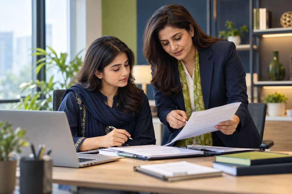 Junior finance professional reviewing accounting documents with a supervisor.