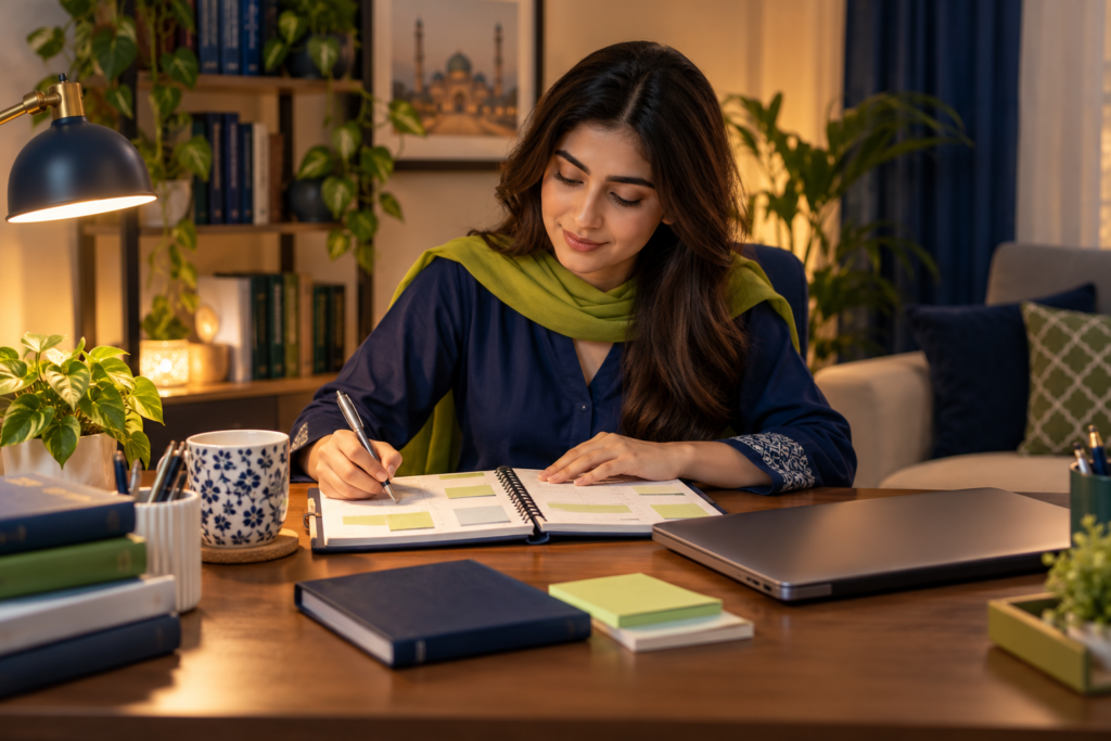 Working student organising an evening study planner beside a closed laptop.