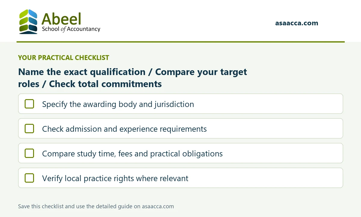 ACCA vs CA vs CPA in Dubai and UAE 1 ACCA, CA or CPA?: Specify the awarding body and jurisdiction; Check admission and experience requirements; Compare study time, fees and practical obligations; Verify local practice rights where relevant