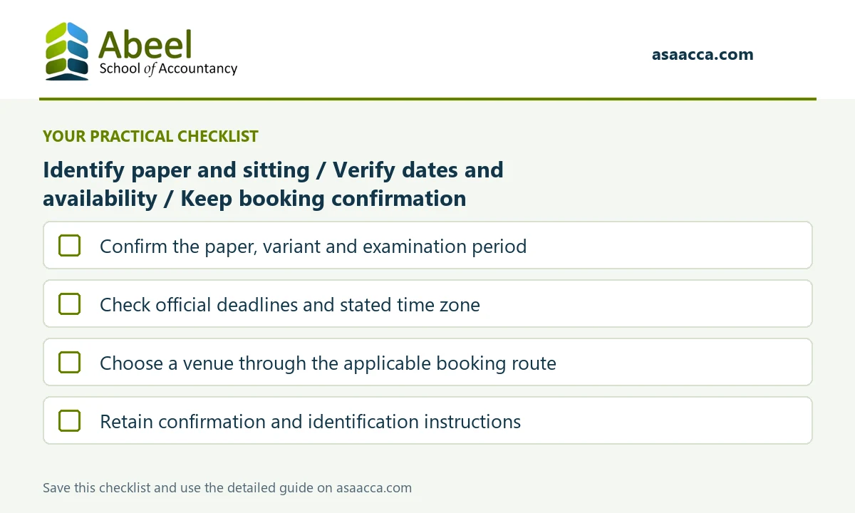 ACCA Exams in Dubai: Confirm the paper, variant and examination period; Check official deadlines and stated time zone; Choose a venue through the applicable booking route; Retain confirmation and identification instructions