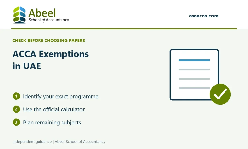 Abeel School of Accountancy: ACCA Exemptions in UAE. Identify your exact programme; Use the official calculator; Plan remaining subjects