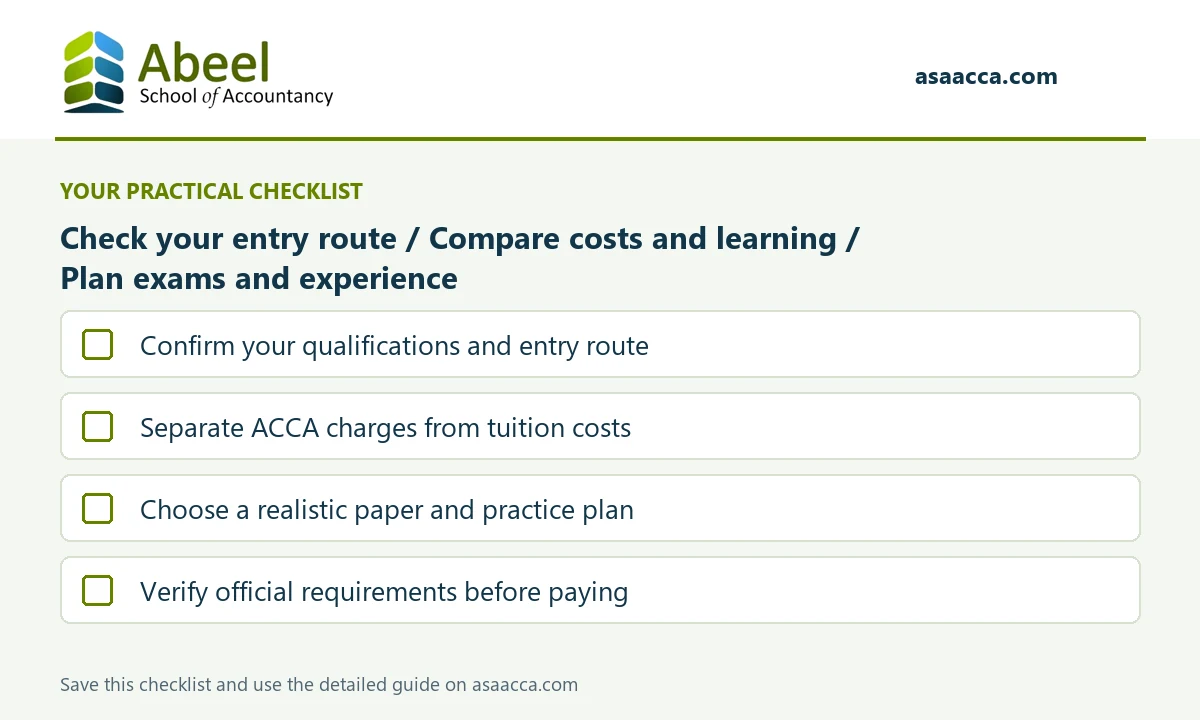 ACCA in Dubai: Confirm your qualifications and entry route; Separate ACCA charges from tuition costs; Choose a realistic paper and practice plan; Verify official requirements before paying