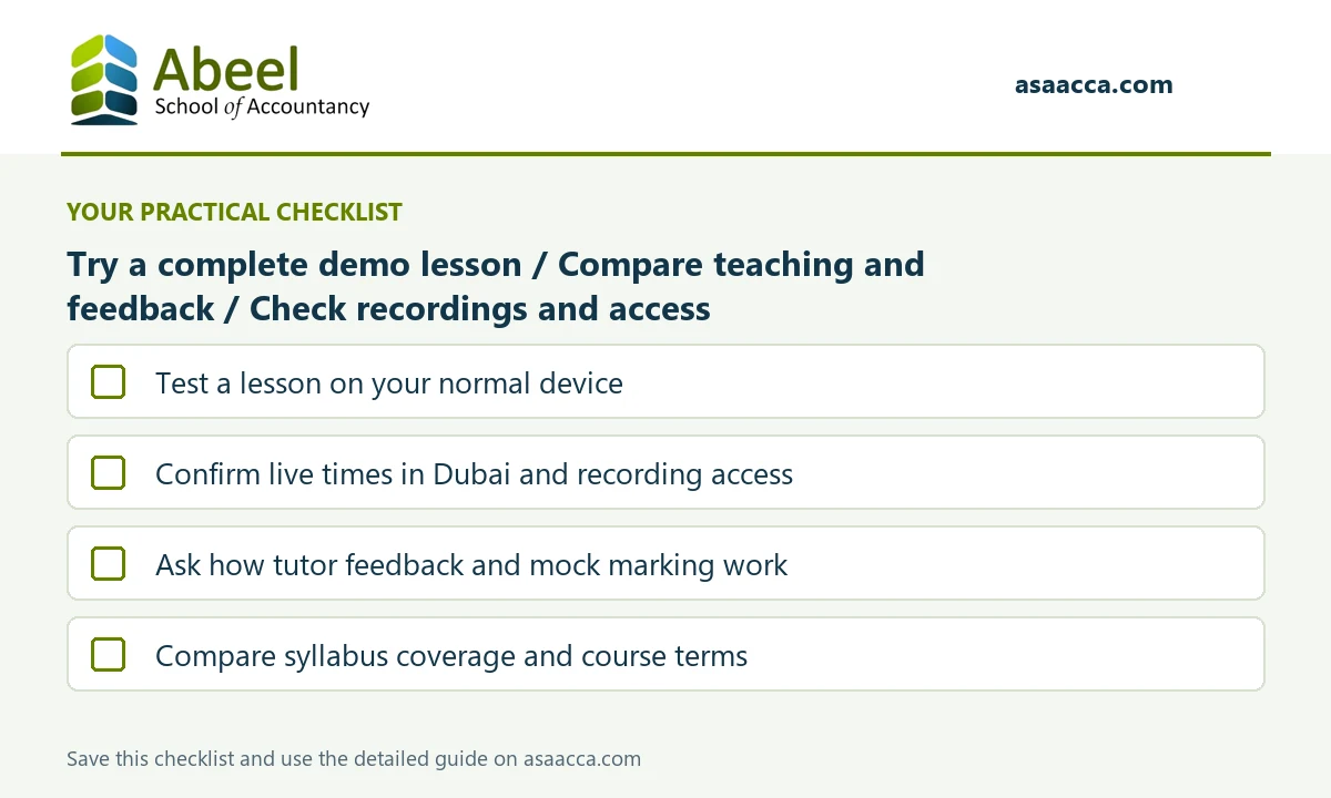 Online ACCA Classes: Test a lesson on your normal device; Confirm live times in Dubai and recording access; Ask how tutor feedback and mock marking work; Compare syllabus coverage and course terms