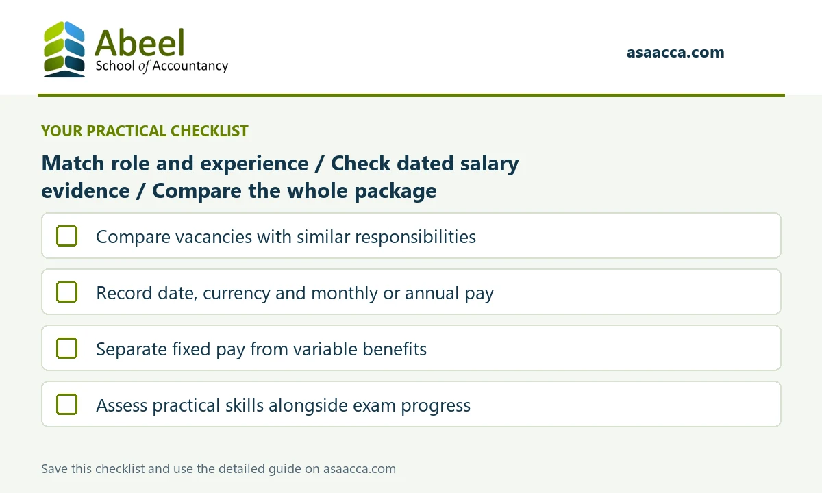 ACCA Salary in Dubai: Compare vacancies with similar responsibilities; Record date, currency and monthly or annual pay; Separate fixed pay from variable benefits; Assess practical skills alongside exam progress