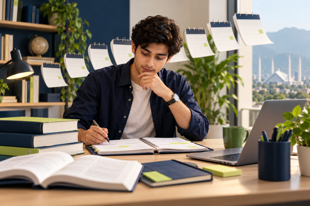 Student planning accounting study with textbooks and a calendar at a desk.